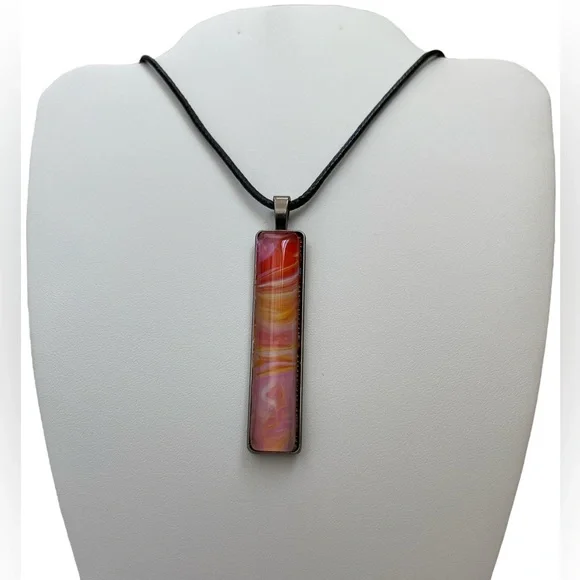 Hand Crafted Necklace Pink Red Yellow Fluid Art Pendant by Svetlana Yeung - Picture 5 of 8